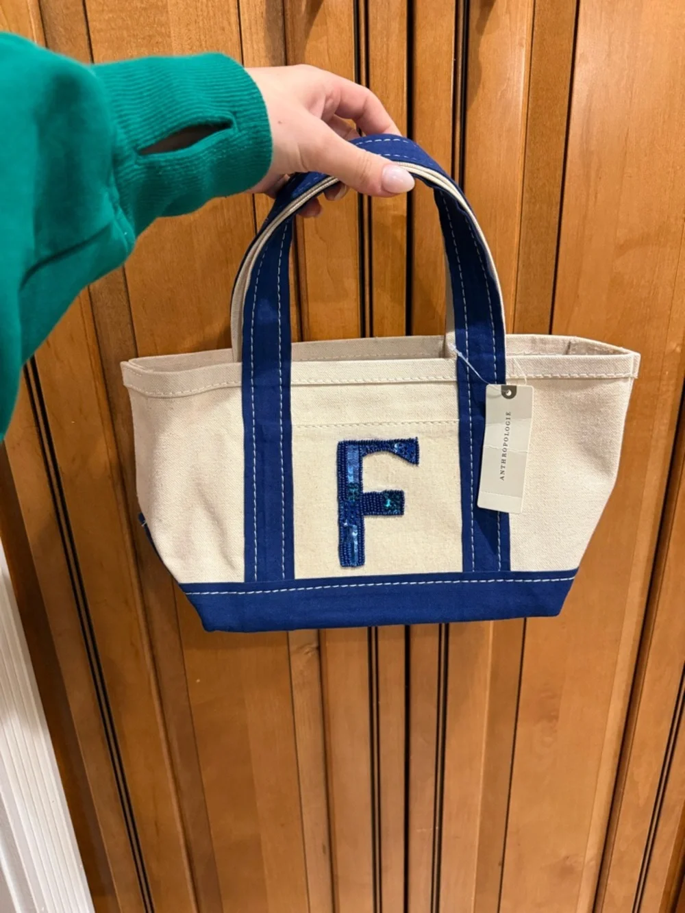 NWT Anthropologie Cream Canvas Baby Tote with Navy Handles and Sequin Initial F